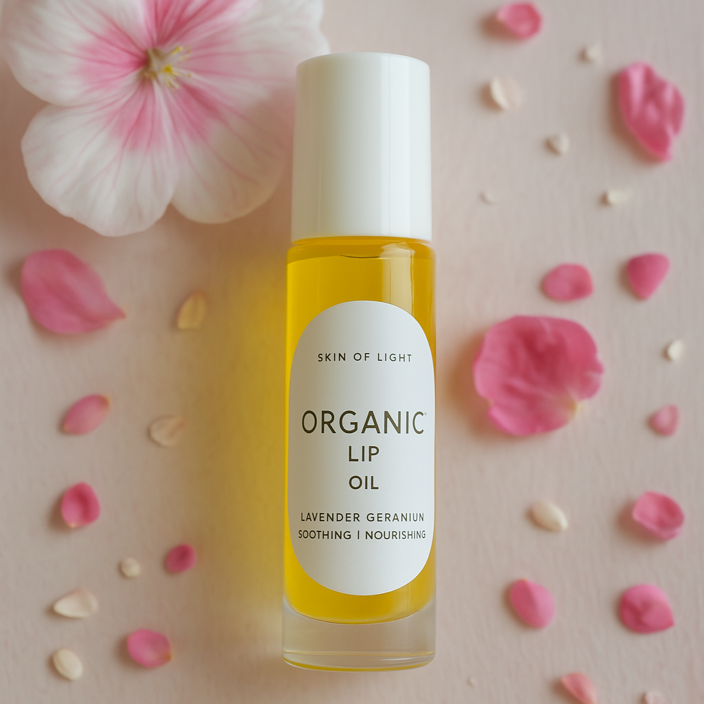 A roller bottle of organic lip oil with a label that reads 'ORGANIC LIP OIL' and 'LAVENDER GERANIUM SOOTHING & NOURISHING'. The bottle is accompanied by a pink flower and scattered petals in the background.
