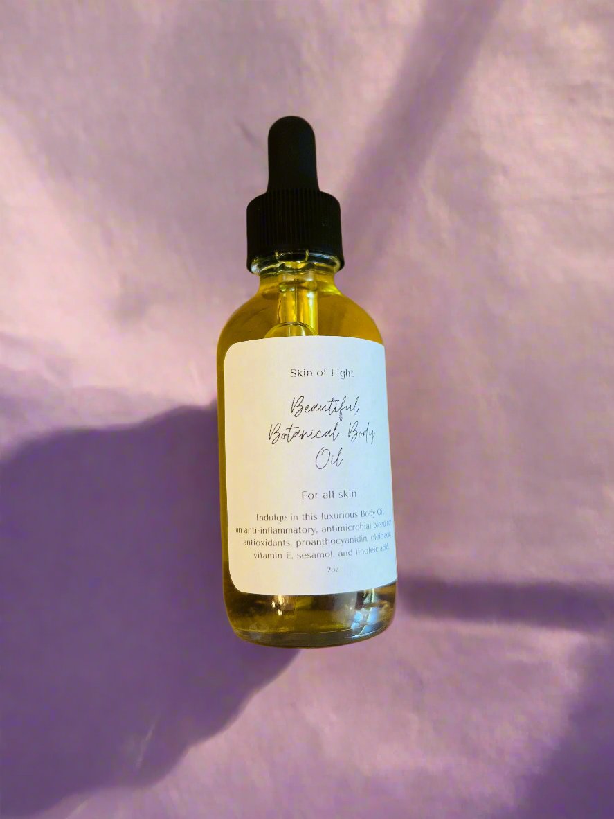 A bottle of 'Beautiful Botanical Body Oil' with a dropper, on a purple background.