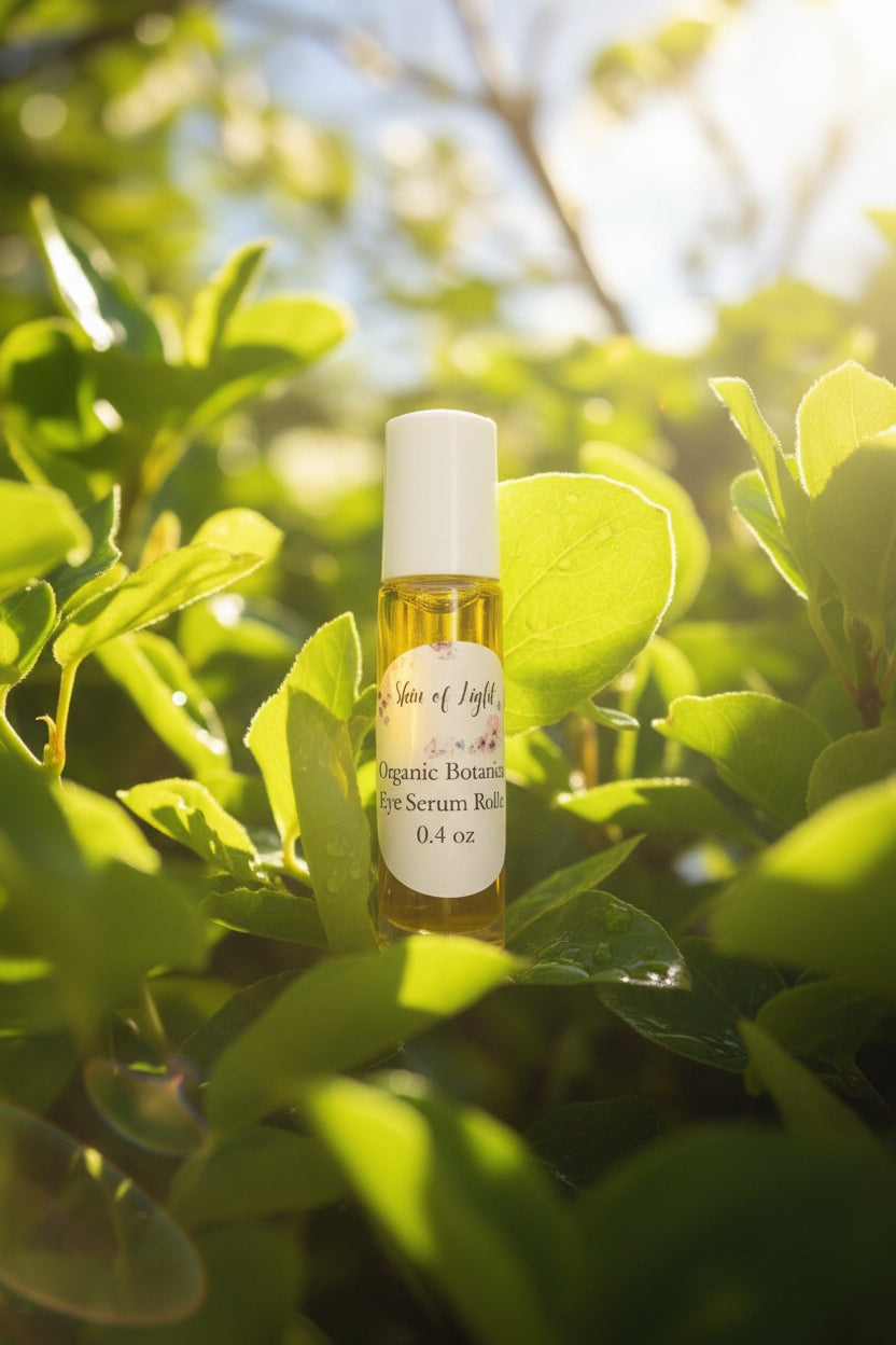 A bottle of organic eye roller serum with a white dropper, labeled 'Skin of Light Organic Botanical Eye Roller', placed on a leaf against a sunlit background.