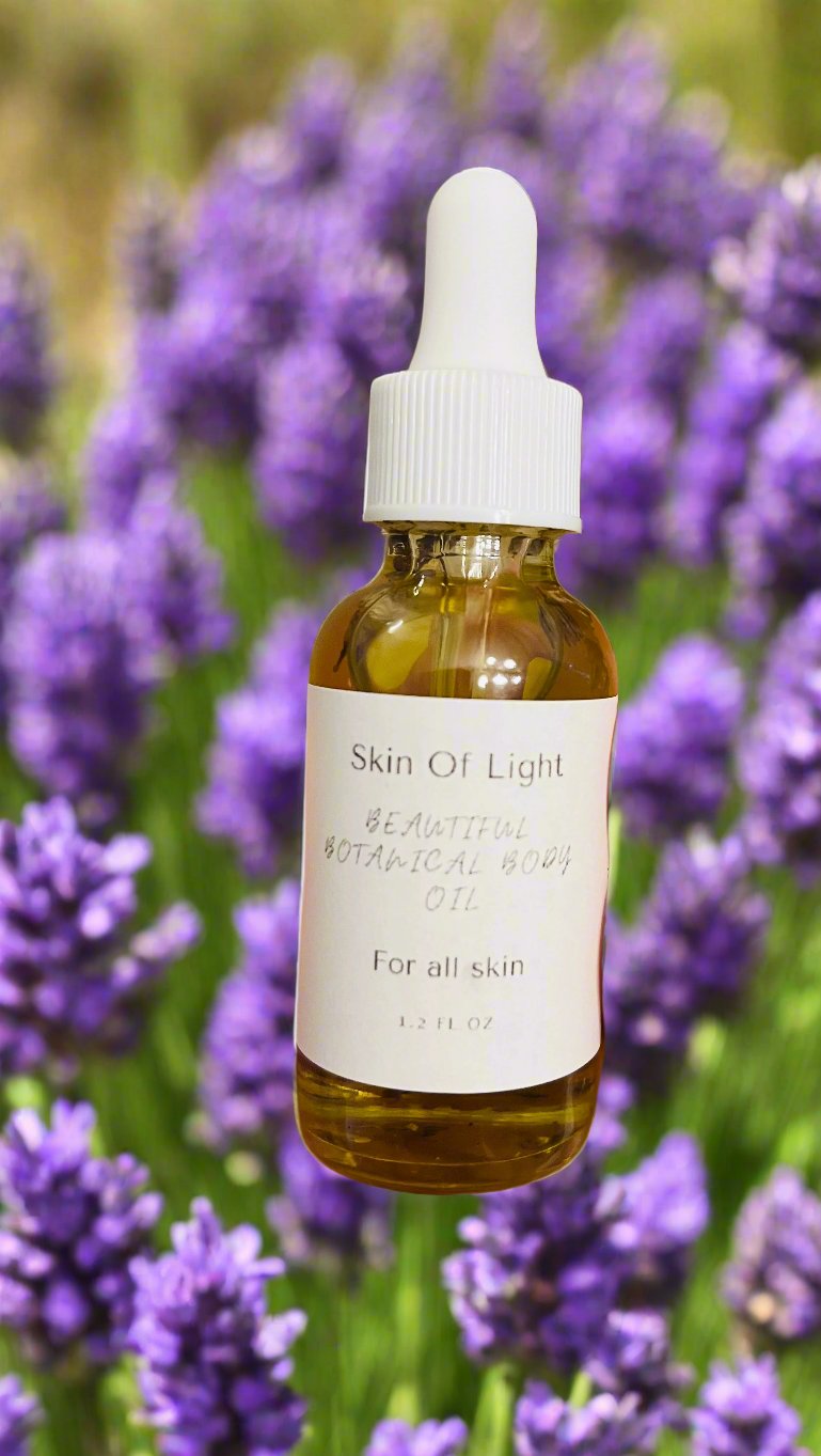 A clear glass bottle with a dropper filled with yellow liquid, labeled 'Skin Oil Light', set against a background of purple flowers.