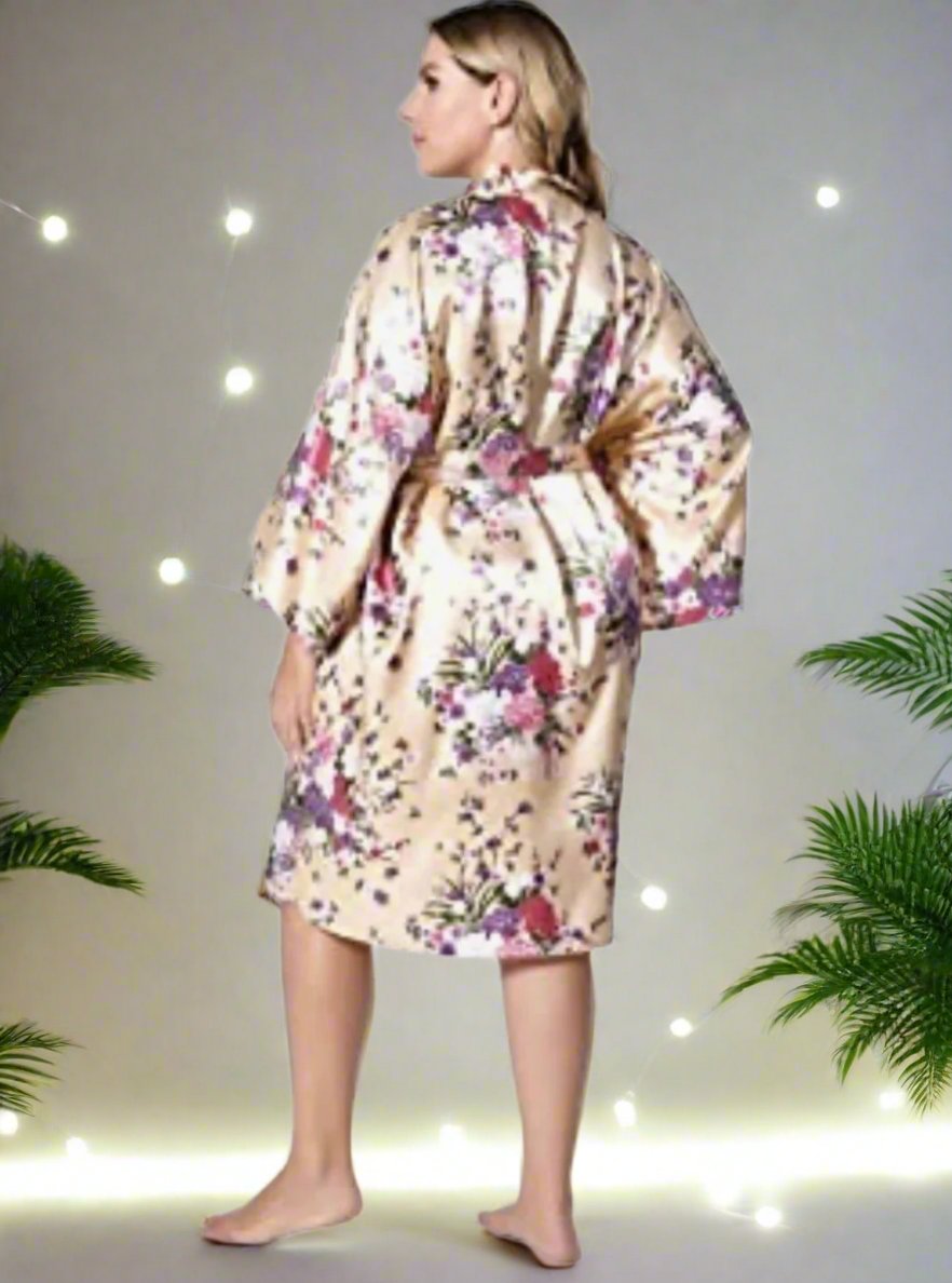 Champagne Floral Satin Spa Robe - Luxurious, Stylish, Wedding Robe - Skin of Light