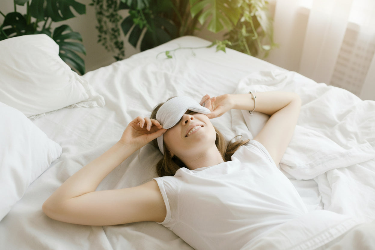 Woman wearing a white sleep mask on a bed