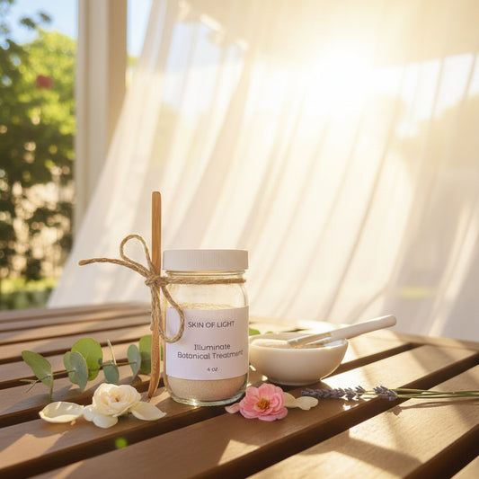 A clear glass jar labeled 'SKIN OF LIGHT Illuminate Botanical Treatment' sits on a wooden slatted table outdoors, with a wooden stick tied to the jar and a blurred garden background.