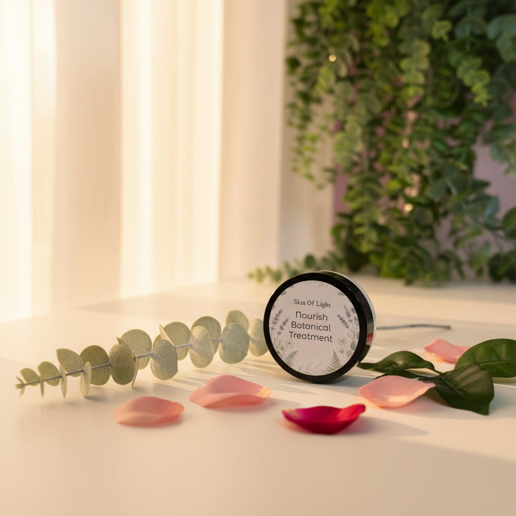 A round black-lidded jar labeled 'Skin Of Light Nourish Botanical Treatment' placed on a light surface in front of green foliage.