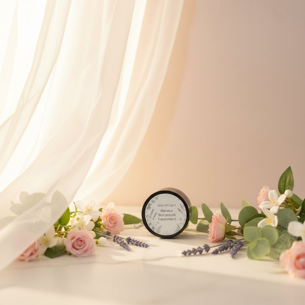 A round cosmetic jar labeled 'Skin Of Light Renew Botanical Treatment' with a black rim and white label, set on a light surface with green trailing leaves in the background.