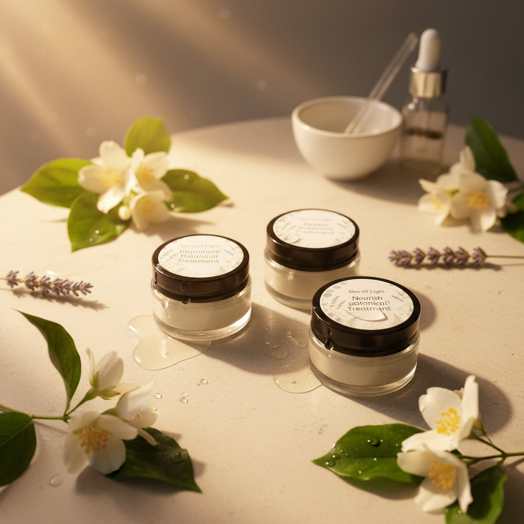 Three small clear jars of Skin Of Light botanical treatments with black lids and white labels, arranged on a white surface.