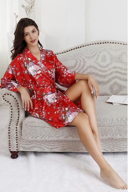 Sm-med Red Floral Satin Spa Robe - Luxurious, Stylish, Wedding Robe