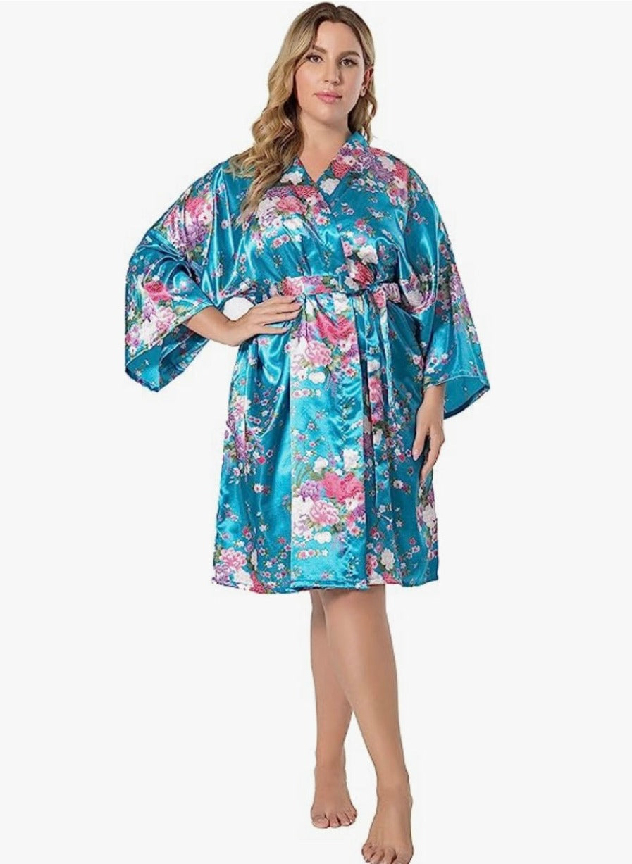 Large-Xl Aqua Floral Satin Spa Robe - Luxurious, Stylish, Wedding Robe