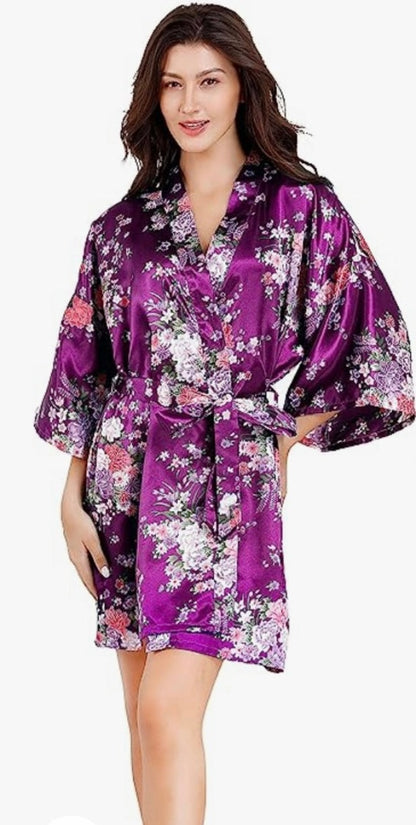 Sm-med Purple Floral Satin Spa Robe - Luxurious, Stylish, Wedding Robe